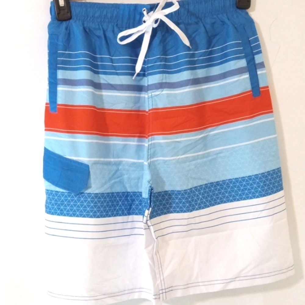 SLOOSH BOYS BLUE WHITE STRIPE MESH LINED SWIM TRUNKS SURF SHORTS SIZE 14-16 NWOT